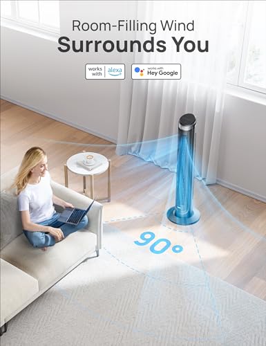 Silver 40-Inch Smart Tower Fan, 90° Oscillating, Quiet Sleep Mode