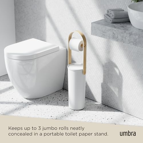 Modern Toilet Paper Holder with Storage - Holds 3 Rolls, White/Natural