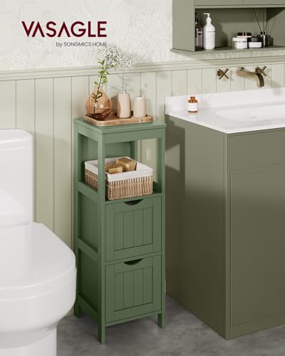 VASAGLE 35" H Floor Cabinet with 2 Drawers, Forest Green – Slim Corner Storage, Open Shelf