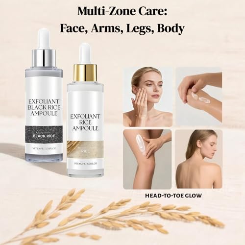 Rice Exfoliant Ampoule Duo - Gentle Black & White Rice Peel Shot | Dead Skin Remover + Blackhead Peel + Pore Minimizer | BHA Salicylic Acid Face Body Multi-Use Serum All Skin Types (200ml)