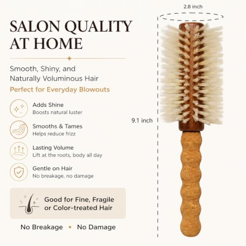 Boar Bristle Round Hair Brush for Blowouts - Large 2.8 Inch Barrel with Cleaner - Blonde Boar & Nylon Bristles - Smooth Blowout Variation of THIS listing