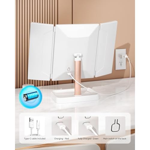 Vanity Mirror with Lights, Makeup Mirror 1X, 2X, 3X Magnification, Trifold 9" L x 14" W, Large Vanity Desk Mirror£¬Valentine¡®s Gift for Wife, Mom, Her - Gift for Girlfriend, Women & Teens