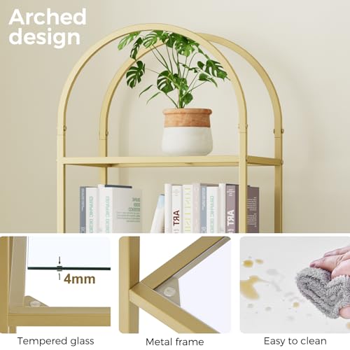 Tall Gold 6-Tier Bookshelf with Glass Shelves, Arched Design, 11.8x13.8x68.1 Inches