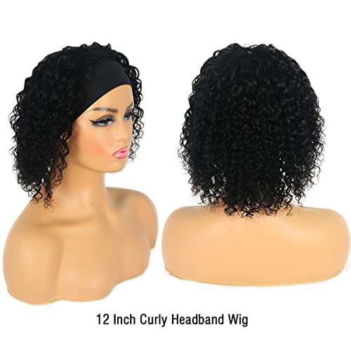 Curly Headband Wig for Black Women 10 Inch 1B Human Hair Glueless Kinky Wig