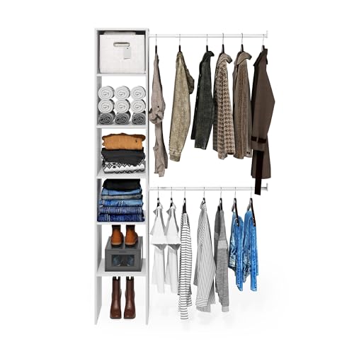 Furinno FANO Closet Organizer with 5-Tier Shelves and 2 Hanging Bars - White / 2-Hanging-Bar
