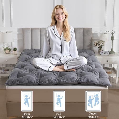 Japanese Futon Mattress - 3 Inch Shredded Memory Foam Full Grey Portable Floor Bed