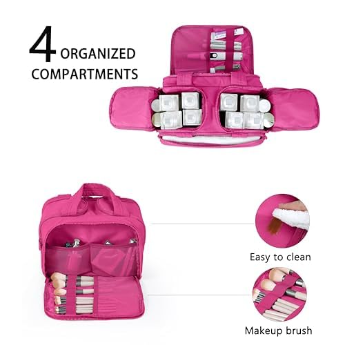 Travel Toiletry Bag for Women, Large Wide-open Puffy Cosmetic Makeup Bag with Wet-Dry Separation, Multi-Pocket Organizer with Carry Handle for Toiletries, Cosmetics, Essentials, Rose Red