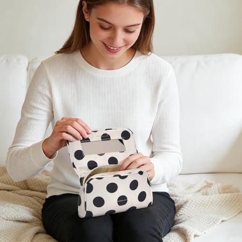 Women’s Nylon Makeup Bag with Built-In Mirror - Polka Dot Travel Organizer, Lightweight & Waterproof, White