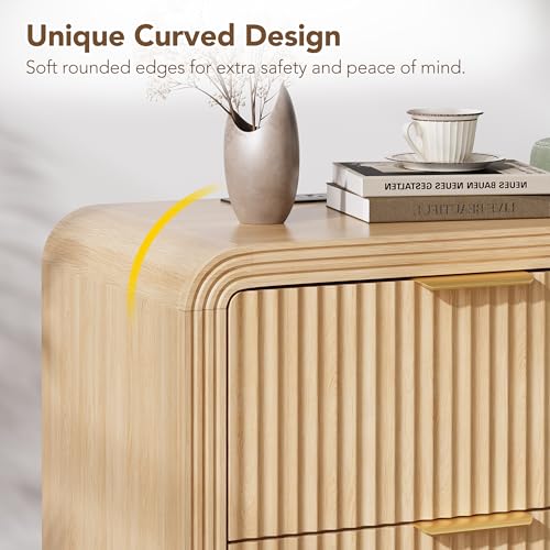 Oak Fluted Nightstand with Charging Station - 2 Drawers, 23-Inch Wide
