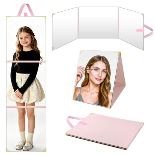 49 x 12 Inch Foldable Full Length Travel Mirror Pink - Portable Shatterproof Over-the-Door & Hanging Makeup Mirror