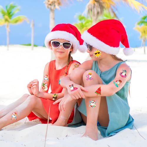 HOWAF 96 Pcs Hawaiian Christmas Temporary Tattoos, Tropical Christmas Party Decoration Waterproof Tattoos for Hawaiian Xmas, Hawaiian Flamingo Santa Tattoo Stickers for Mele Kalikimaka Decorations