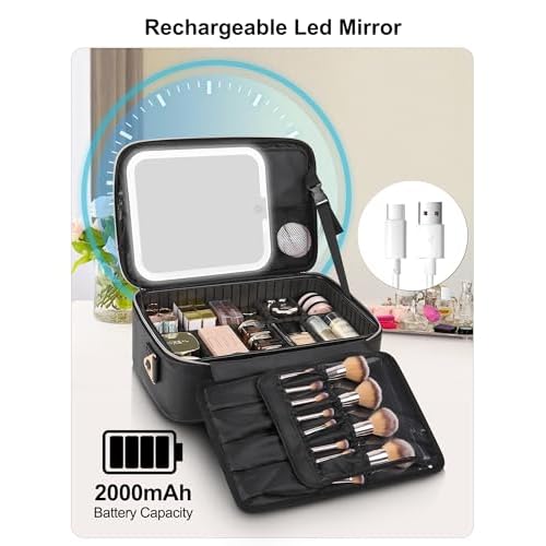 Relavel Makeup Train Case With LED Mirror, Professional Travel Cosmetic Bag with Removable Partitions, Compact Makeup Organizer with Shoulder Strap, Waterproof Travel Case for Women, Black
