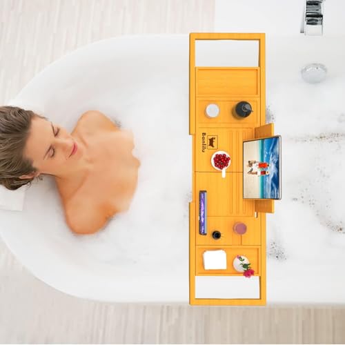 Banlilu Natural Bamboo Expandable Bathtub Tray Caddy - Waterproof Bath Table