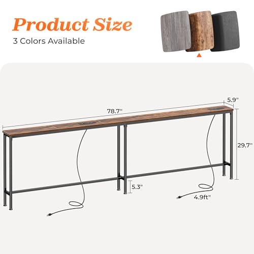 Rustic Brown 79 Inch Sofa Table with 2 Power Outlets & USB-C Ports - Narrow Design