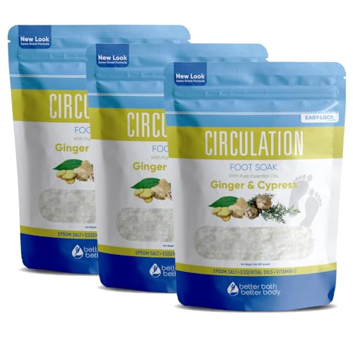 Circulation Foot Soak (3-Pack with Scoop) Foot Soaking Epsom Salts with Pure Essential Oils in BPA Free Pouch with Press-Lock Seal Made in USA, Three 2-Lbs Pouches 6-Lbs Total