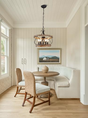 Farmhouse Wood Chandelier Light Fixture - 16 Inch Dining Room Pendant with 5 Bulb Holders - Wood-2