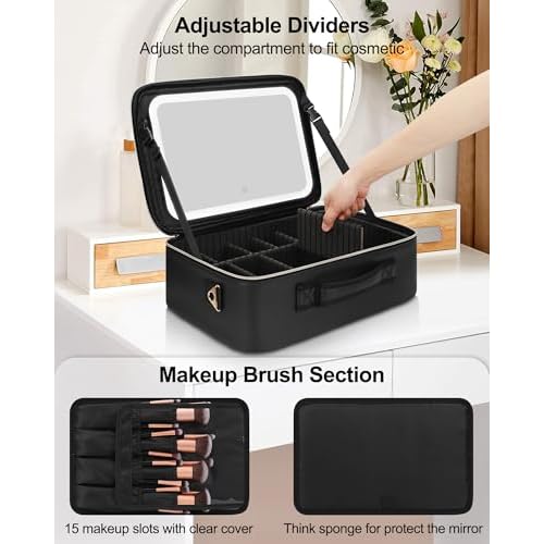 Relavel Travel Makeup Bag With LED Mirror, 16.2" Large Makeup Train Case, 3 Color Scenarios Adjustable Brightness, Waterproof Makeup Train Case Organizer with DIY Dividers for Makeup Artist, Black