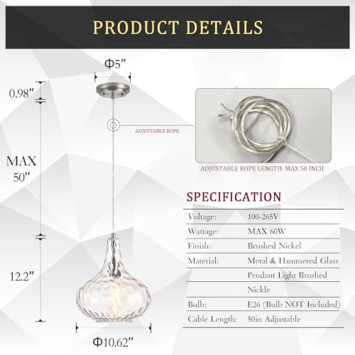 CATINER 11 Inch Brushed Nickel Hammered Glass Pendant Light - Kitchen Island