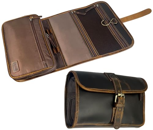 Brown Leather Hanging Toiletry Bag for Men Travel Dopp Kit Organizer