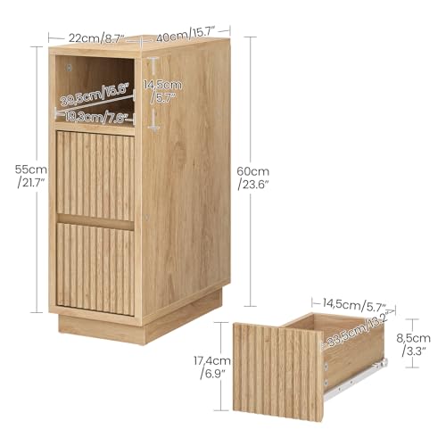 Natural CHOEZON 8.7-inch Narrow Fluted Nightstand with Drawers & Shelf - Small Modern Bedside Table