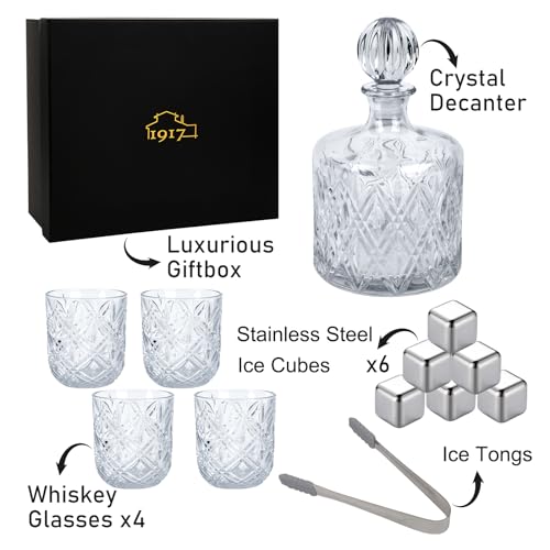 1917 Lead-Free Crystal Whiskey Decanter Set 37.2 oz with 4 Glasses and Gift Box