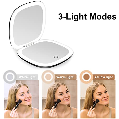 Lighted Travel Compact Mirror with 1X/10X Magnification & Dimmable LED Light - Black