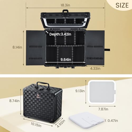 Black Checkerboard Makeup Bag with LED Mirror, Travel Organizer Case with 3-Color Light, 6 Dividers
