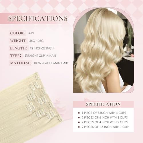 Hyssiet 16 Inch Platinum Blonde Remy Human Hair Clip-In Extensions 75g - 7 Pieces with 16 Clips