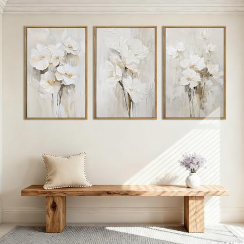 Neutral Floral Wall Art Set of 3 - 16x24 Inch Canvas Wall Decor for Living Room & Bedroom - Variation: 24L x 16W