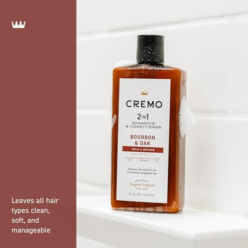 Cremo Bourbon & Oak 2 in 1 Shampoo & Conditioner for Men, A Sophisticated Blend of Distillers Spice, Fine Bourbon and White Oak, 16 Fl Oz