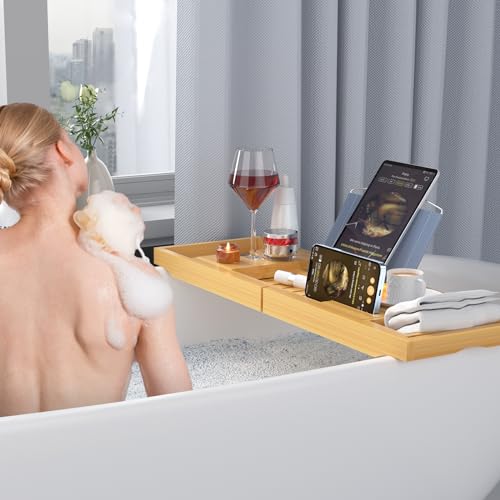 Luxury Bamboo Bathtub Caddy Tray with Book & Wine Holder - Waterproof Spa Accessory