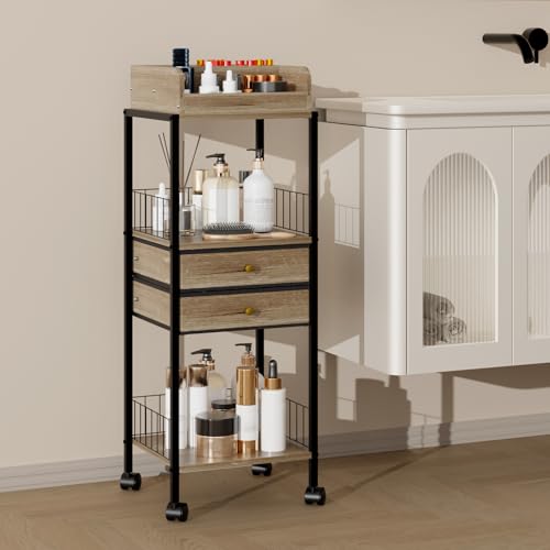 Makeup Organizer Cart Shelf Floor Skincare Organizers Make Up and Station Storage Cabinet For Vanity Standing Cosmetics With Drawers and Wheels For Nail Polish Perfume Hair Tool Beauty(Grey Oak)