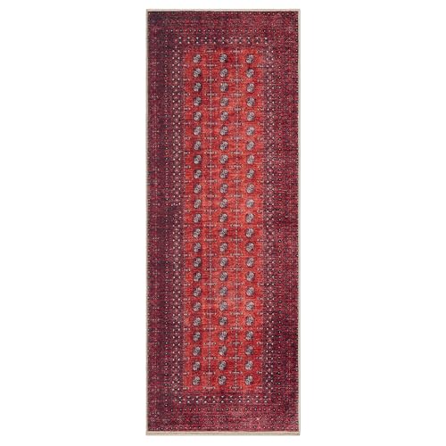 2'6" x 7' Vintage Washable Runner Rug Non-Slip Low Pile Red Burgundy