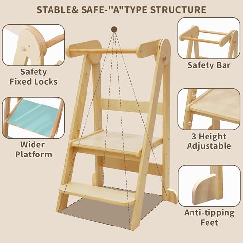 Natural Wood Foldable Toddler Learning Tower with Adjustable Heights - Preassembled Montessori Kitchen Stool for Kids 1.5-6 Years