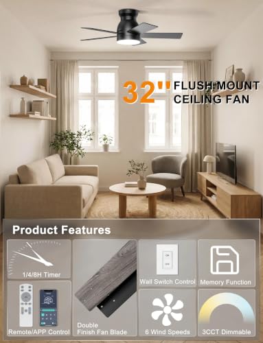 32-Inch Low Profile Ceiling Fan with Lights - Black, Remote & App Control