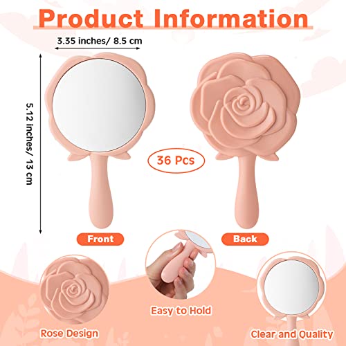 Wesiti 36 Pcs Handheld Compact Rose Design Princess Mirror Portable Makeup Mirror for Girls & Women Princess Party Favors Quinceanera Party Favors (Pink)