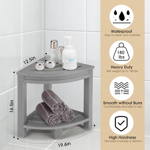 Apolimi Grey HDPE Corner Shower Stool with Storage Shelf, Non-Slip Bath Seat