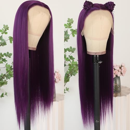 Lezaxiu Dark Purple Lace Front Wigs Long Straight Glueless Synthetic Heat-Resistant for Black Women - Pre Plucked, Ready to Wear, Natural Hairline, Variation #ADark Purple