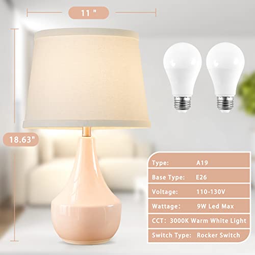 Pink 18.63-Inch Ceramic Bedside Table Lamp Set of 2 - Modern Nightstand Lamps with LED Bulbs & Rocker Switch