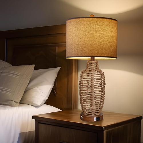 Natural Rattan Table Lamps Set of 2 with USB Ports - Dimmable Touch Control, Farmhouse Rustic Wicker Lamps for Bedroom Living Room Office