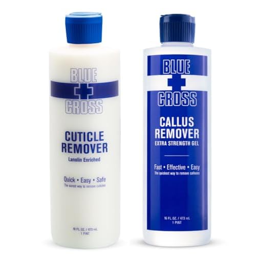 Blue Cross Hydrating, Moisturizing, Strengthening Cuticle Remover Oil with Lanolin + Extra Strength Callus Remover Gel for Heel or Feet, 16 oz each, 2 pack Bundle