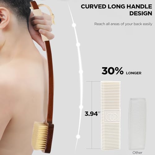 ICANdOIT Natural Boar Bristle Back Scrubber Bath Brush Set with Exfoliating Glove & Curved Bamboo Handle