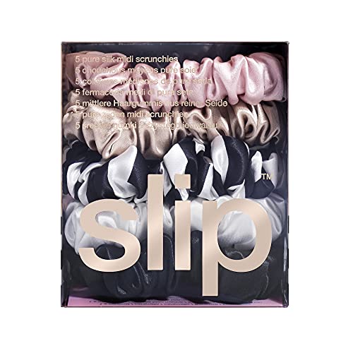 Multi-Colored Silk Hair Scrunchies 5 Pack - Gentle on Hair, Slip Back to Basics Midi