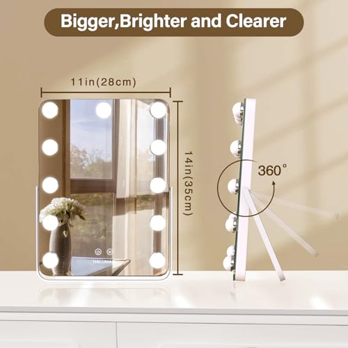 White Rechargeable Vanity Mirror with Lights, 14.6-Inch LED Makeup Mirror with Memory Function