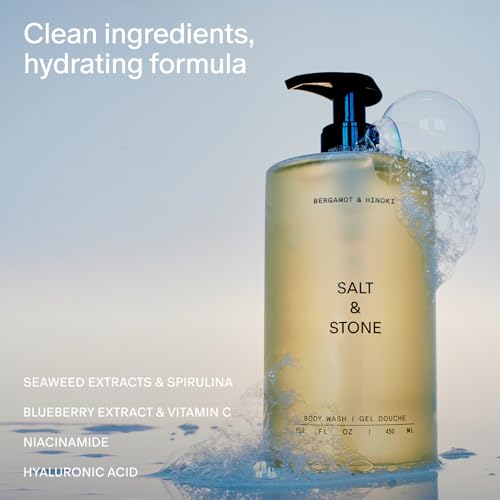 Salt & Stone Body Wash with Antioxidants for Deep Moisture | For Women & Men, Sulfate, Paraben, & Dye Free, Leaving Skin Soft and Hydrated | Bergamot & Hinoki Refill 32 fl oz