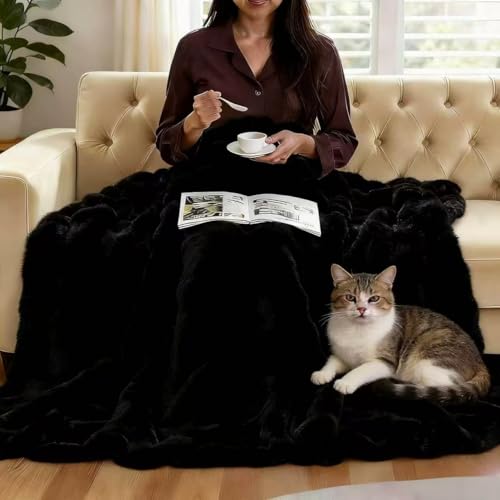 Ghouse Faux Fur Throw Blanket Black Twin 60x80 Inches Soft Cozy Couch Bedding