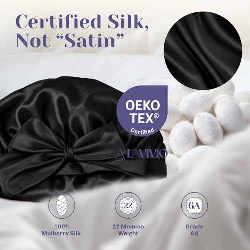 Black Mulberry Silk Bonnet for Hair - Double-Layered 22 Momme Sleep Cap with Adjustable Non-Slip Tie