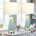 Teal Coastal Glass Table Lamp with USB & Outlet - 26 Inch Nightstand Lighting