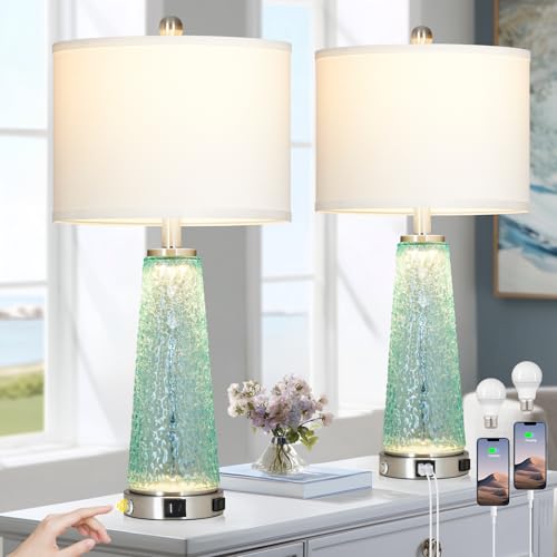 Teal Coastal Glass Table Lamp with USB & Outlet - 26 Inch Nightstand Lighting