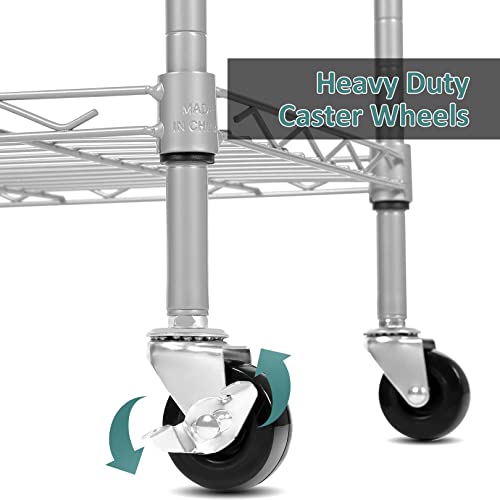 6-Tier Wire Storage Shelf with Casters and Side Hooks - 21.26 x 11.42 x 72.05 Inch, Silver Gray